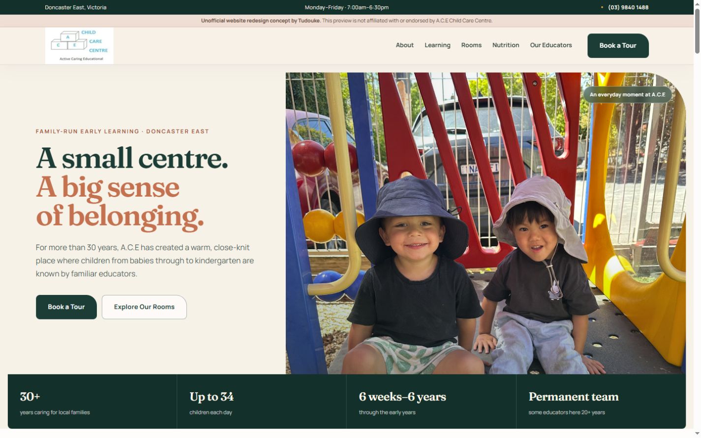 A.C.E Child Care Centre redesign concept with children, tour action and centre facts
