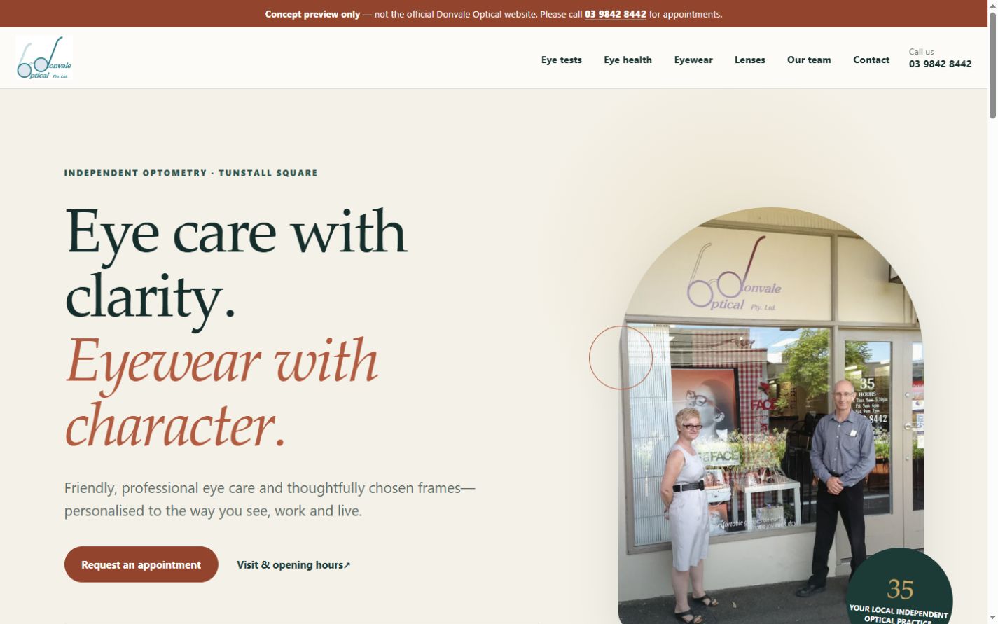 Donvale Optical redesign concept showing eye-care messaging and an appointment action