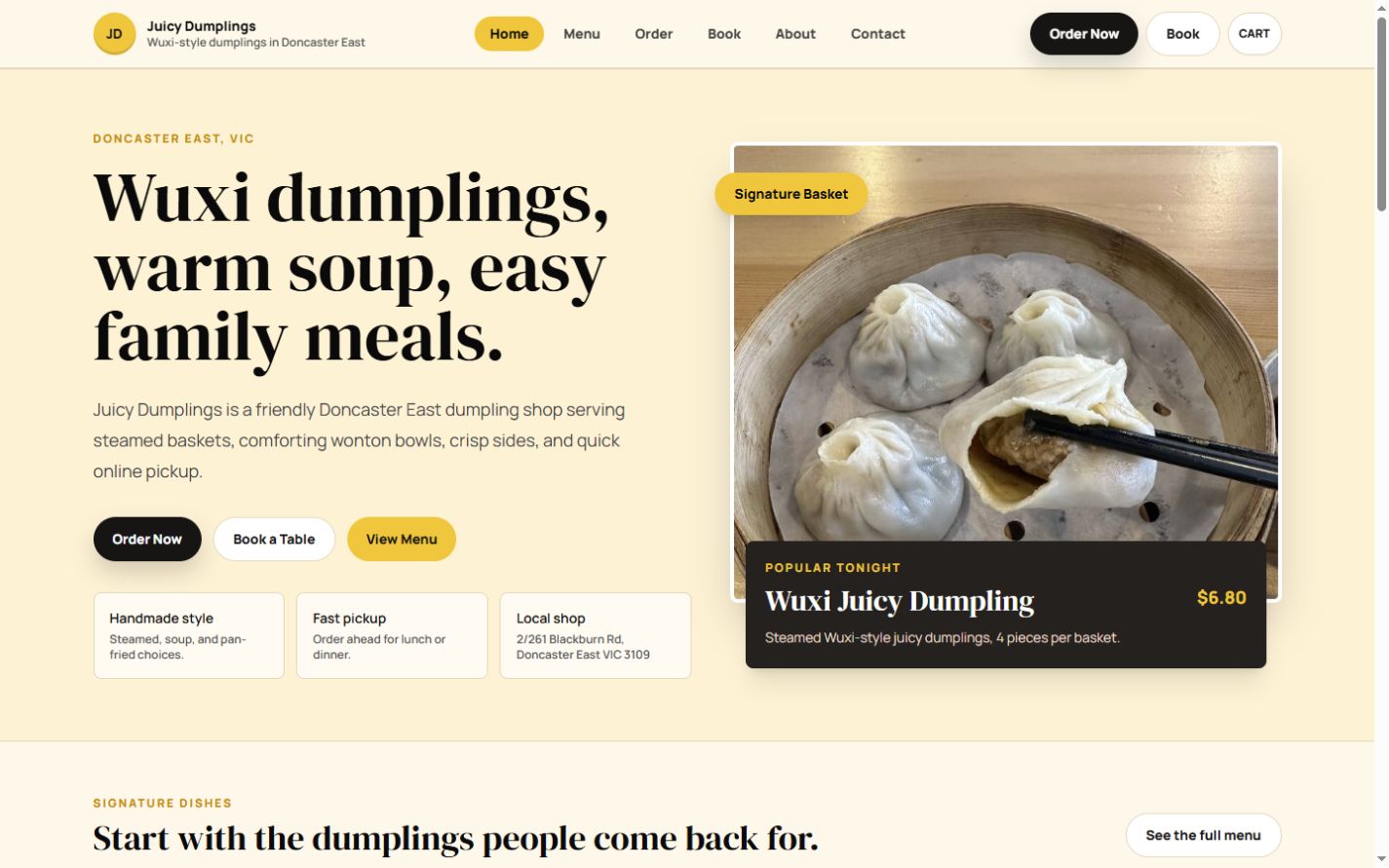 Juicy Dumplings website showing a Wuxi dumpling hero and online ordering actions