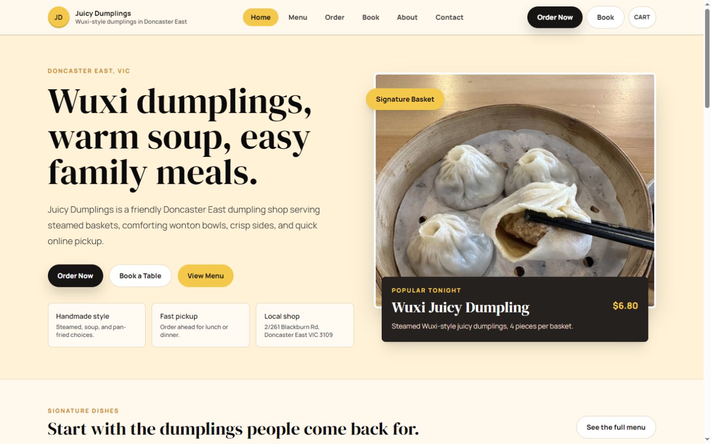 Juicy Dumplings public restaurant website homepage